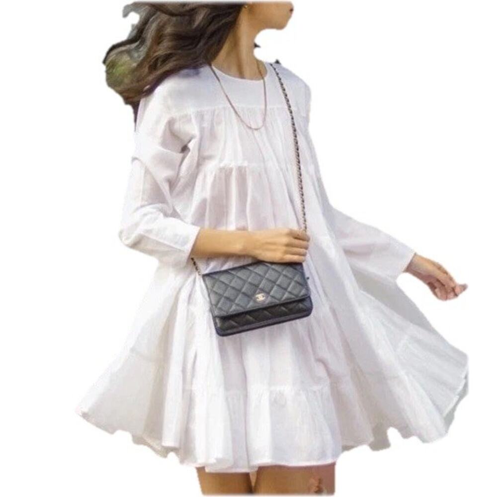 Merlette White Tiered Swing Dress Pima Cotton Long Sleeve Size XS Beach Party